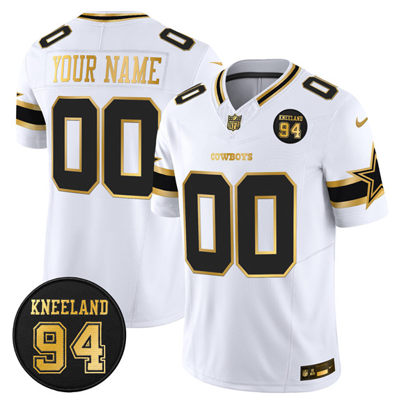 Men's Dallas Cowboys Active Player Custom White Gold 2025 F.U.S.E. 94 Marshawn Kneeland Memorial Patch Vapor Limited Stitched Football Jersey